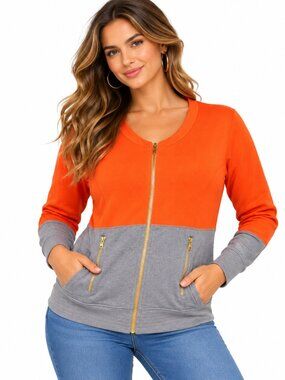 Ashley Sport Women’s Plus Size 14/16 Orange Gray Colorblock Zip Up Jacket